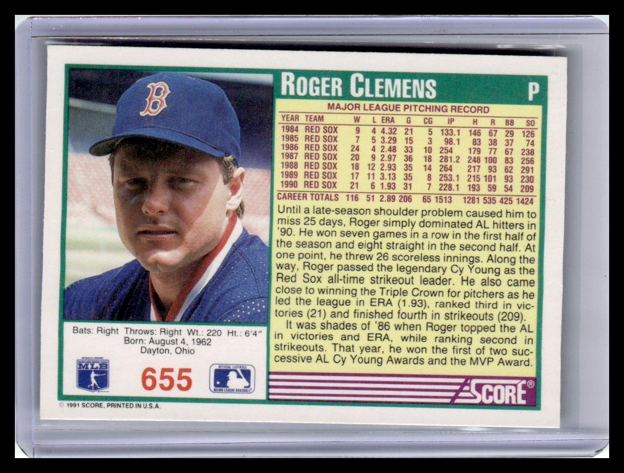 1991 Score Roger Clemens Teal Border #655