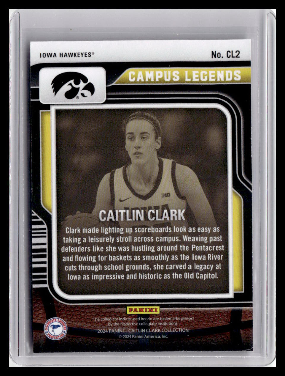Basketball trading card of Caitlin Clark with Iowa Hawkeyes logo