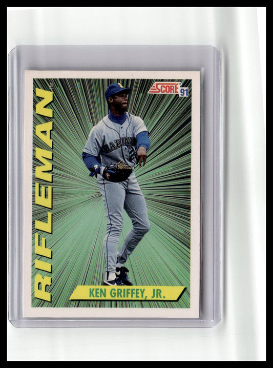 Baseball trading card of Ken Griffey Jr. with 'Rifleman' text and Score logo.