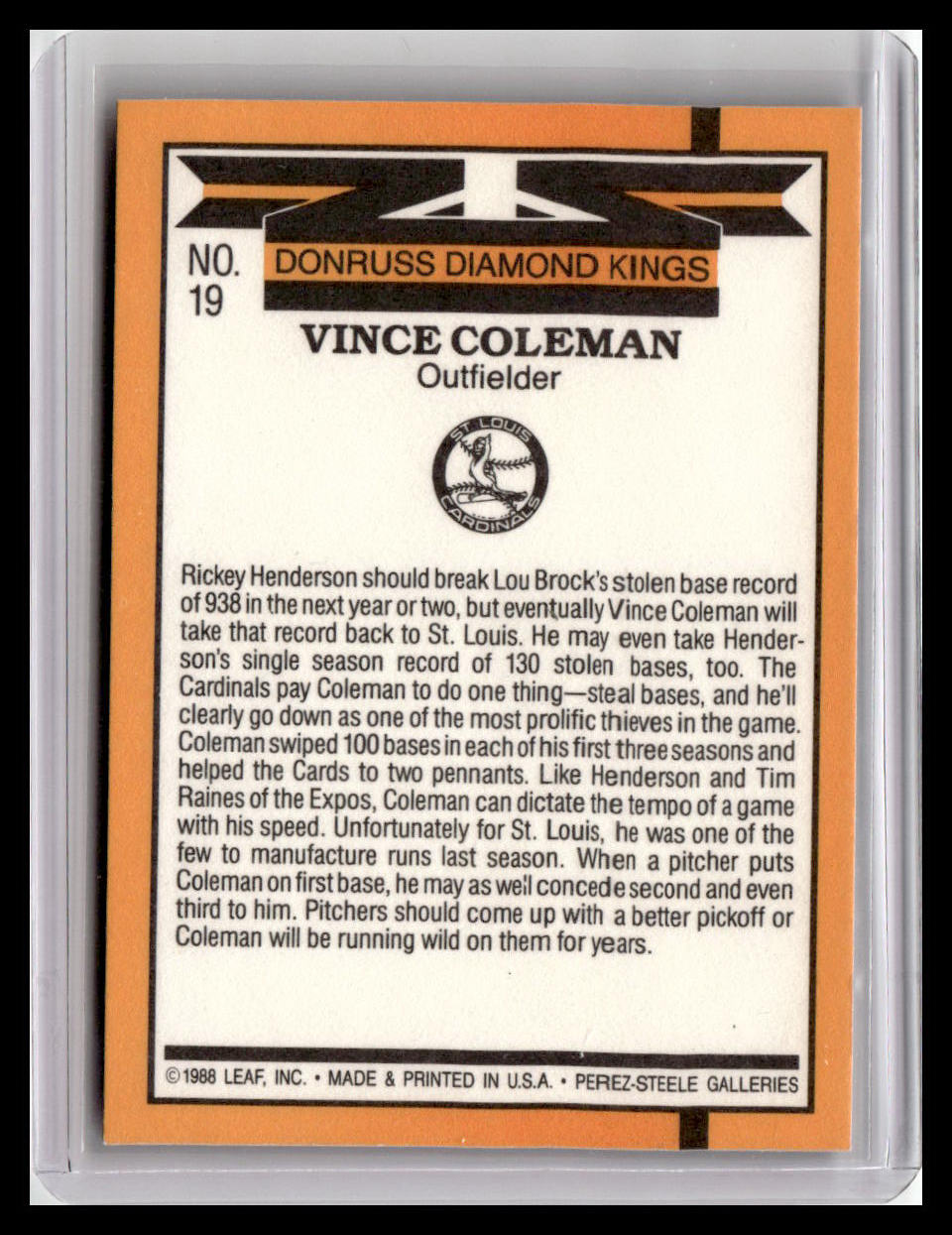 1989 Donruss Vince Coleman Diamond Kings #19