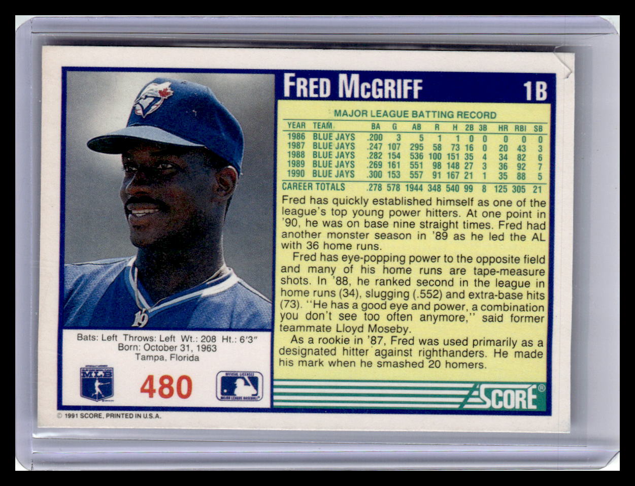 Baseball trading card of Fred McGriff with player information and statistics.