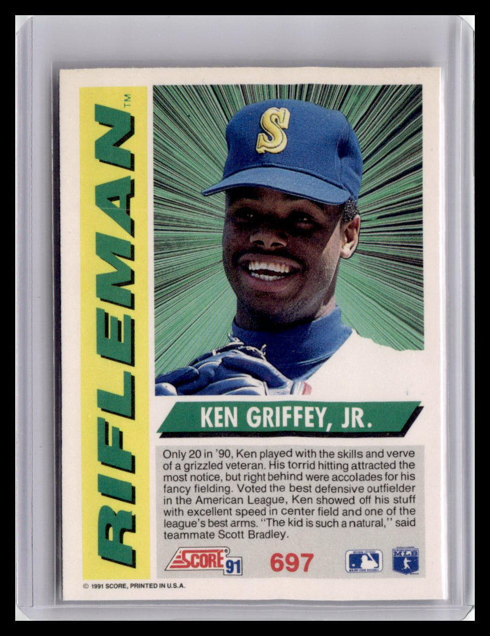 Baseball trading card of Ken Griffey Jr. with 'Rifleman' text and player details.