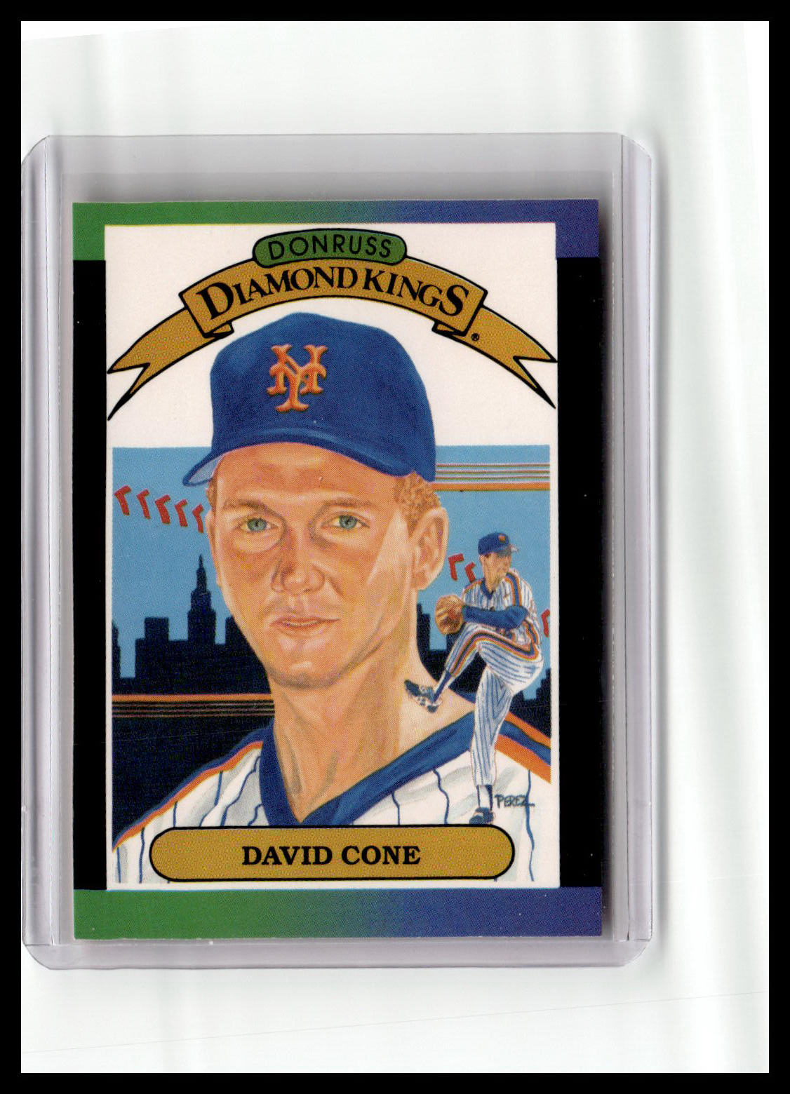 Baseball trading card of David Cone in a display case