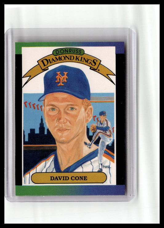 Baseball trading card of David Cone in a display case