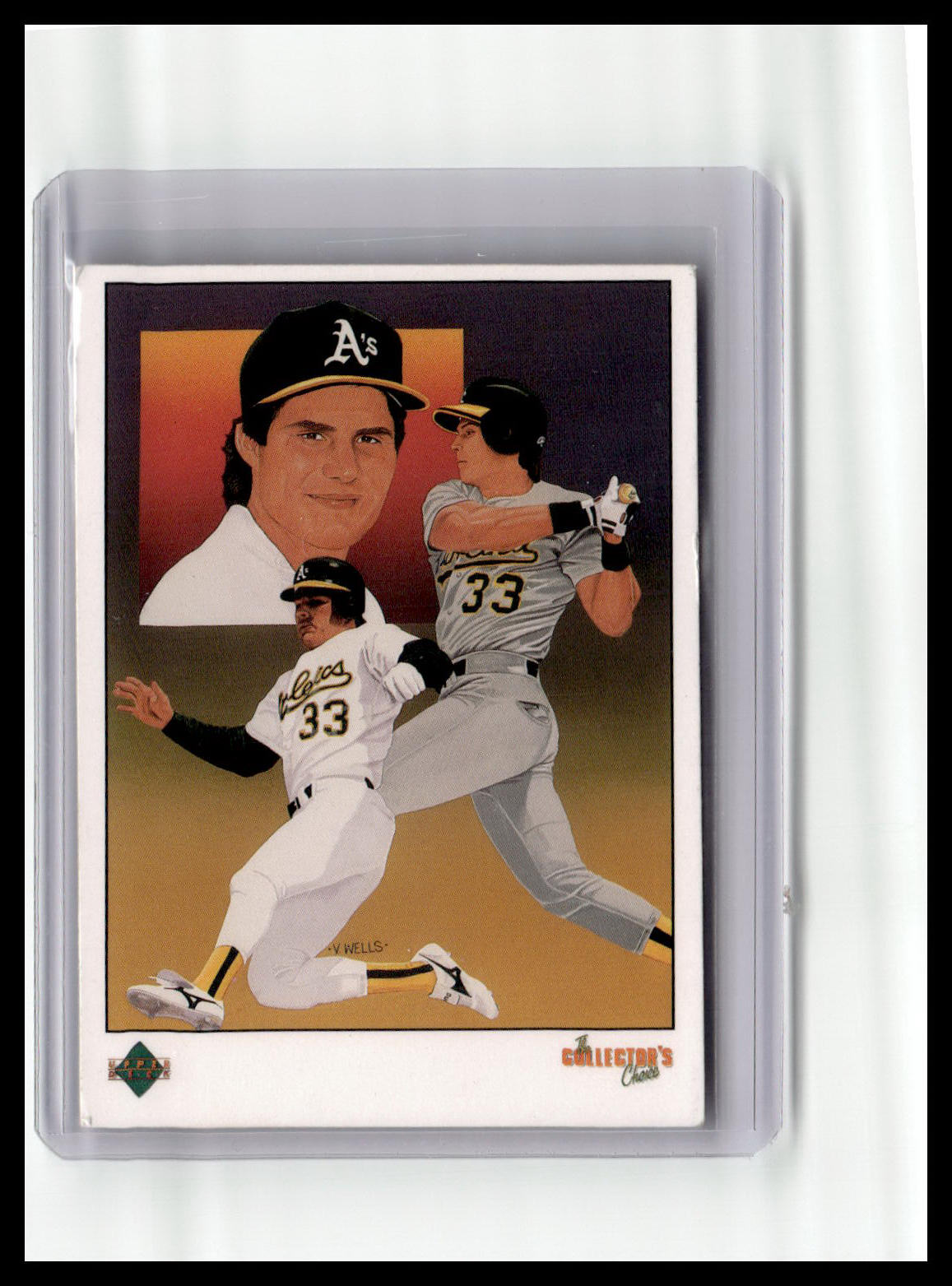 Baseball trading card featuring three players in action poses with a colorful background.
