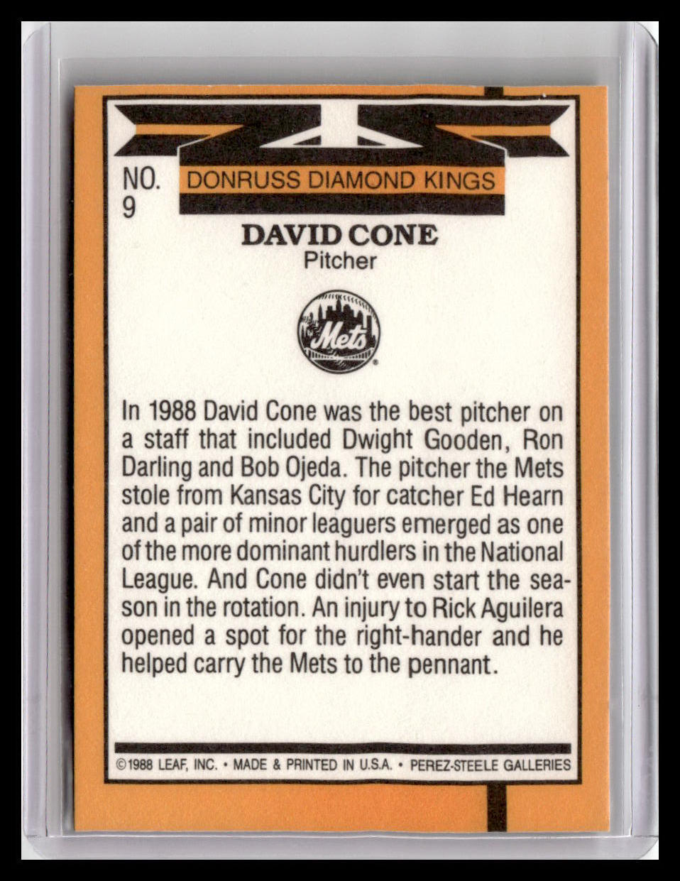 Baseball trading card featuring David Cone of the Mets, with text and branding elements.