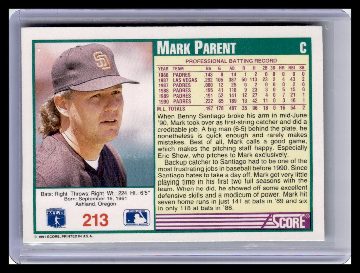 1991 Score Mark Parent Teal Border #213