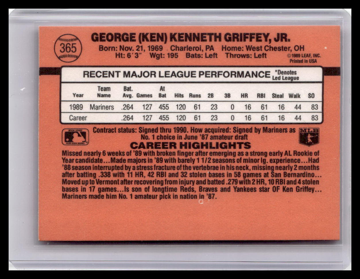 1990 Donruss Ken Griffey Jr. #365 (Double Error No Period After Inc. Wrong Birthplace)