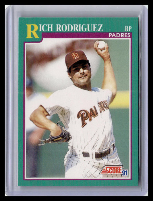 Baseball trading card of Rich Rodriguez in a Padres uniform, held in a protective case.