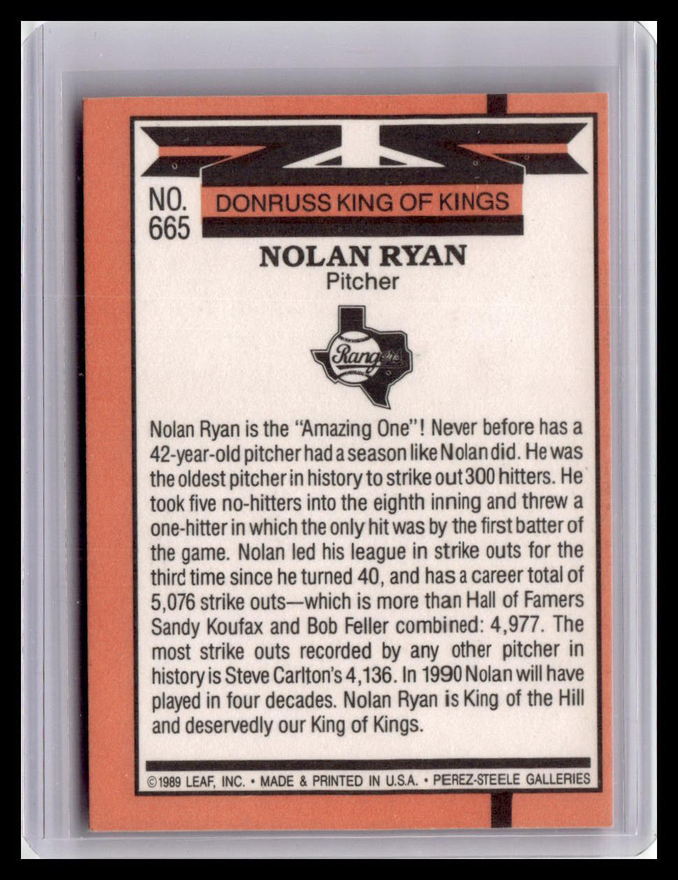 1990 Donruss Nolan Ryan King Of Kings #665