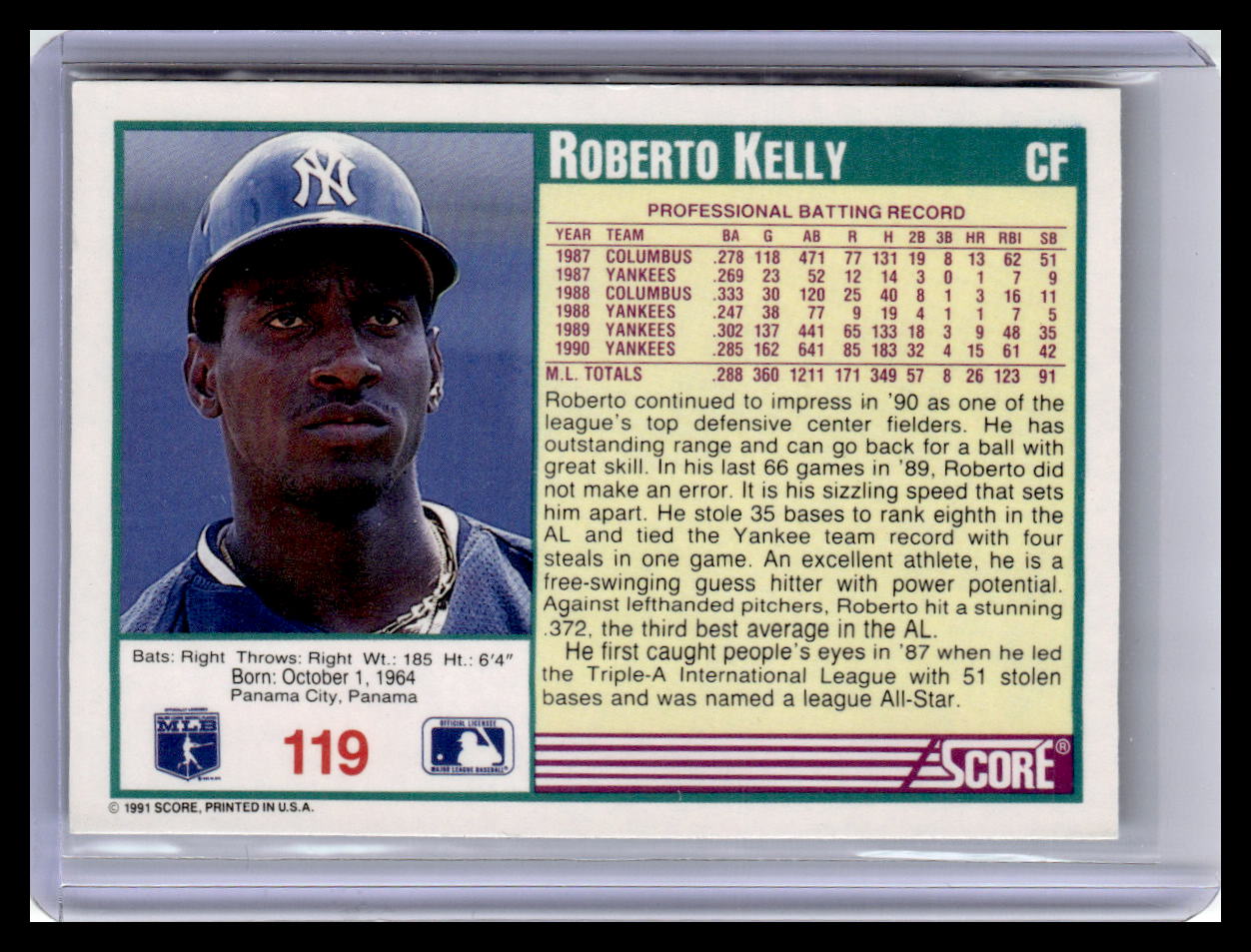 1991 Score Roberto Kelly Teal Border #119