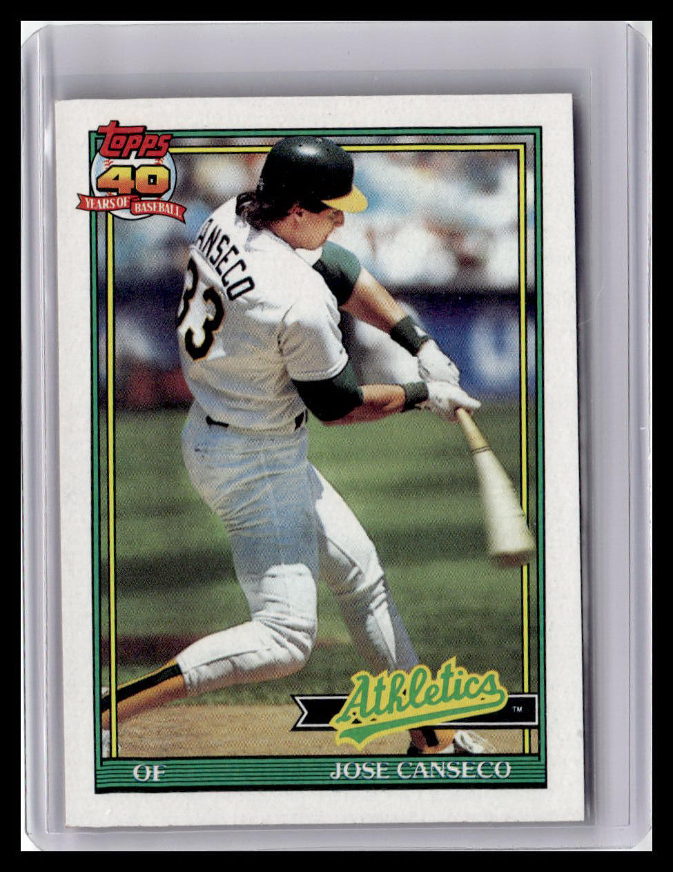 Baseball trading card of Jose Canseco with 'Athletics' logo