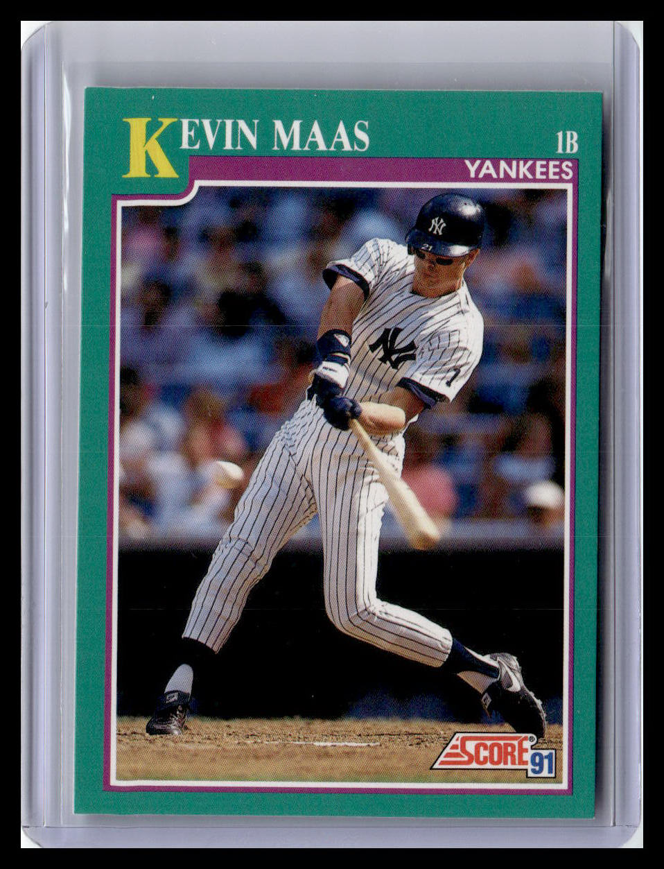 Baseball trading card of Kevin Maas in a Yankees uniform, held in a protective case.
