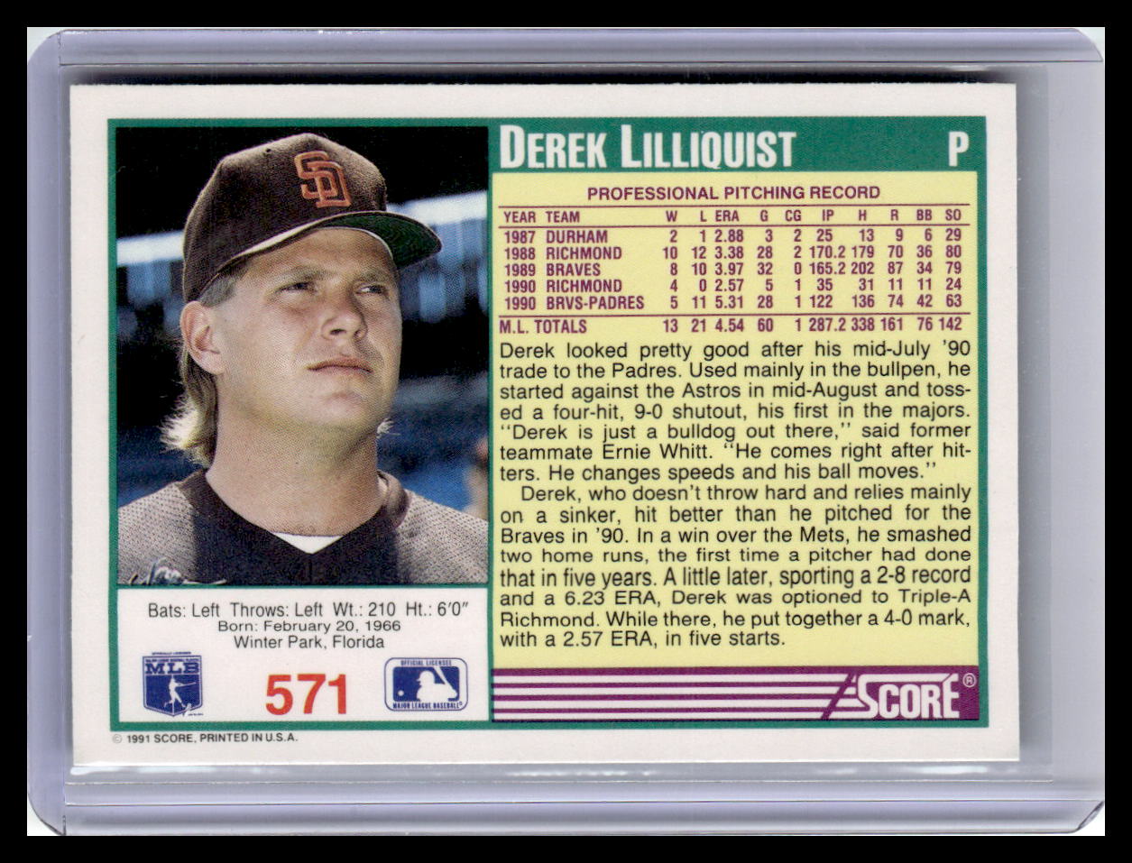 1991 Score Derek Lilliquist Teal Border #517