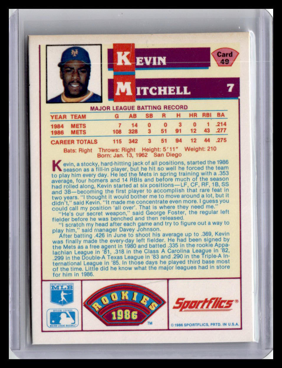 1986 Sportflics Rookies Kevin Mitchell (RC) #49 New York Mets