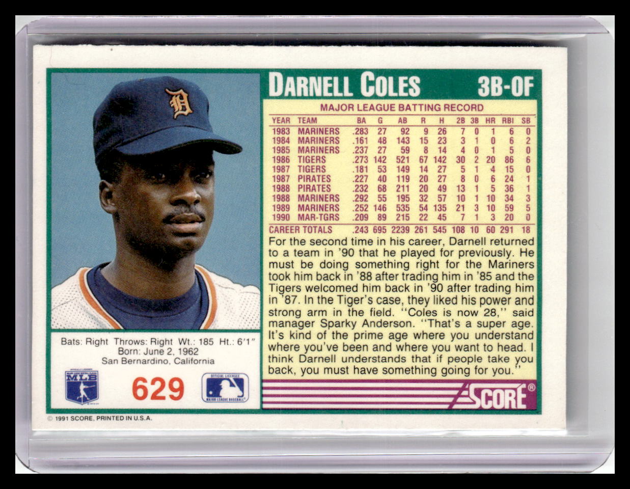 1991 Score Darnell Coles Teal Border #629
