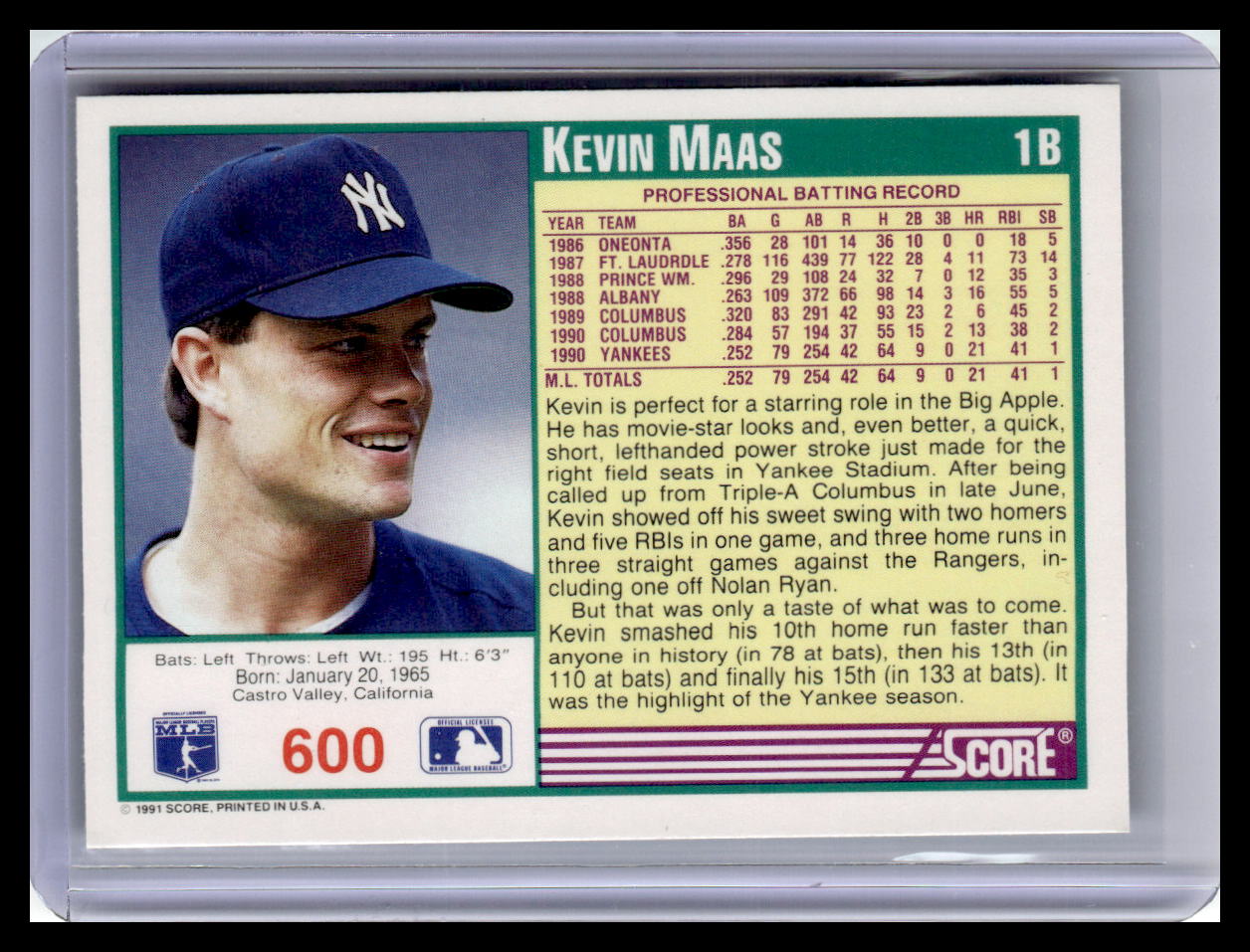 Baseball trading card of Kevin Maas with player information and statistics.