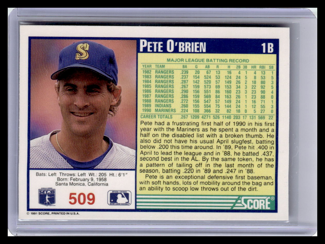 1991 Score Pete O'Brien Blue Border #509