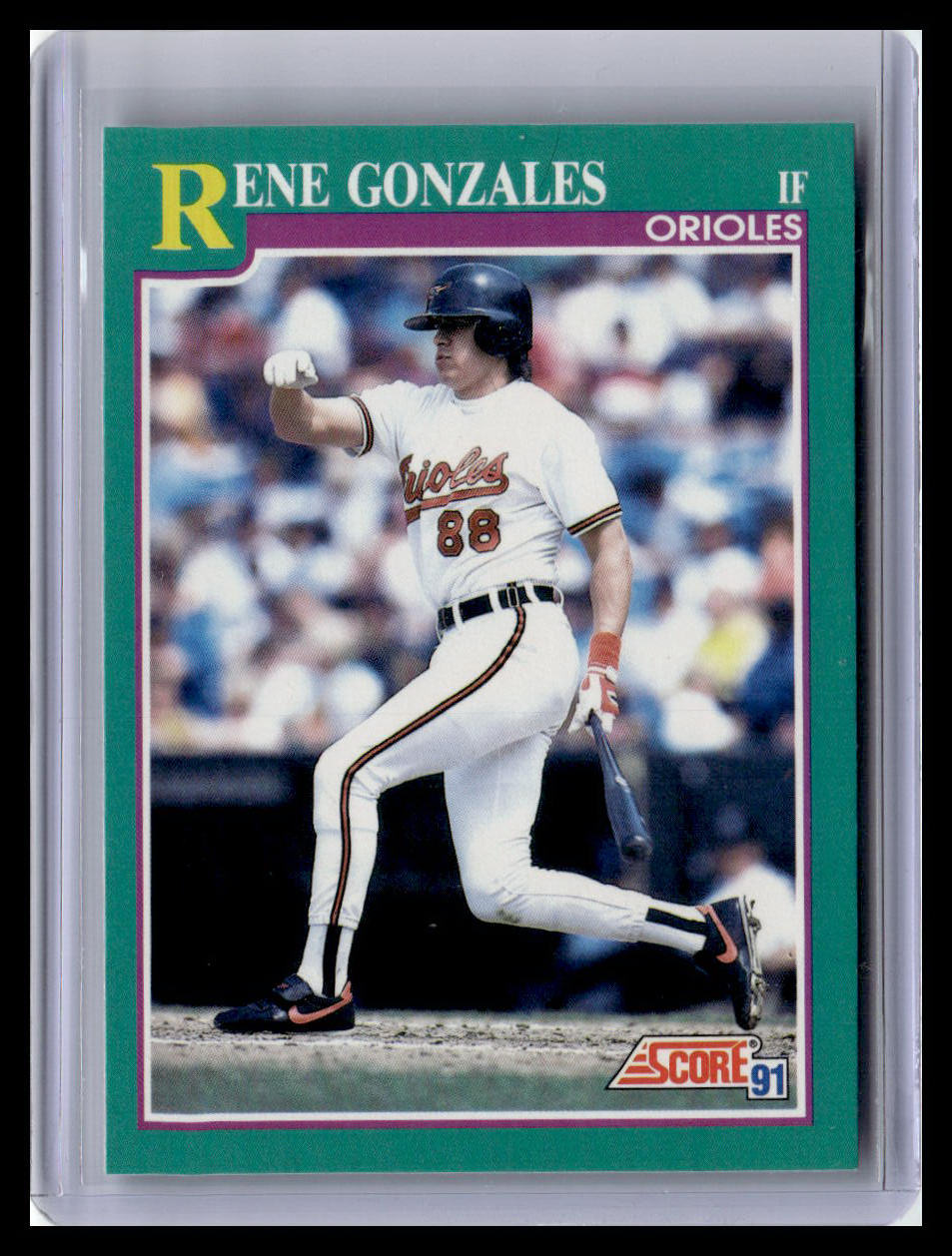 Baseball trading card of Rene Gonzales with a green border and 'Score' logo.