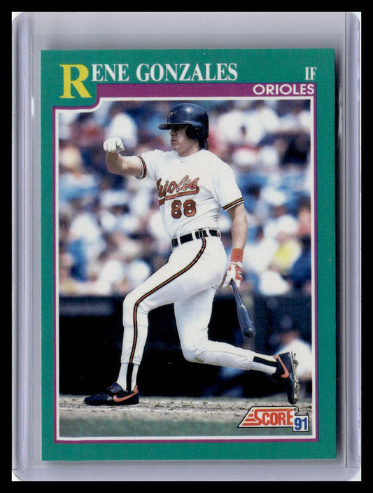 Baseball trading card of Rene Gonzales with a green border and 'Score' logo.