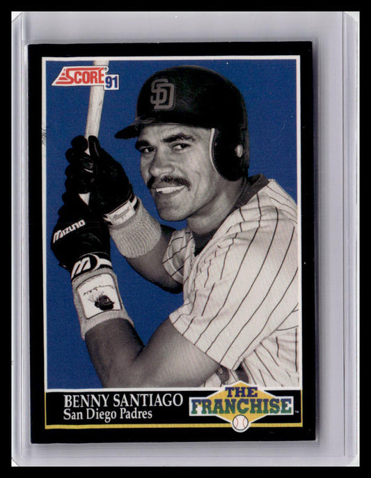 Baseball trading card of Benny Santiago from The Franchise series, featuring a player holding a bat with a blue background.