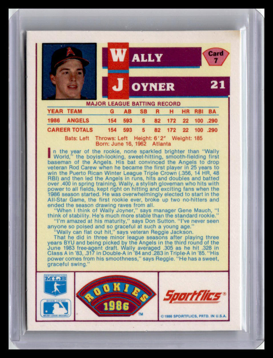 1986 Sportflics Rookies Wally Joyner (RC) #7 California Angels