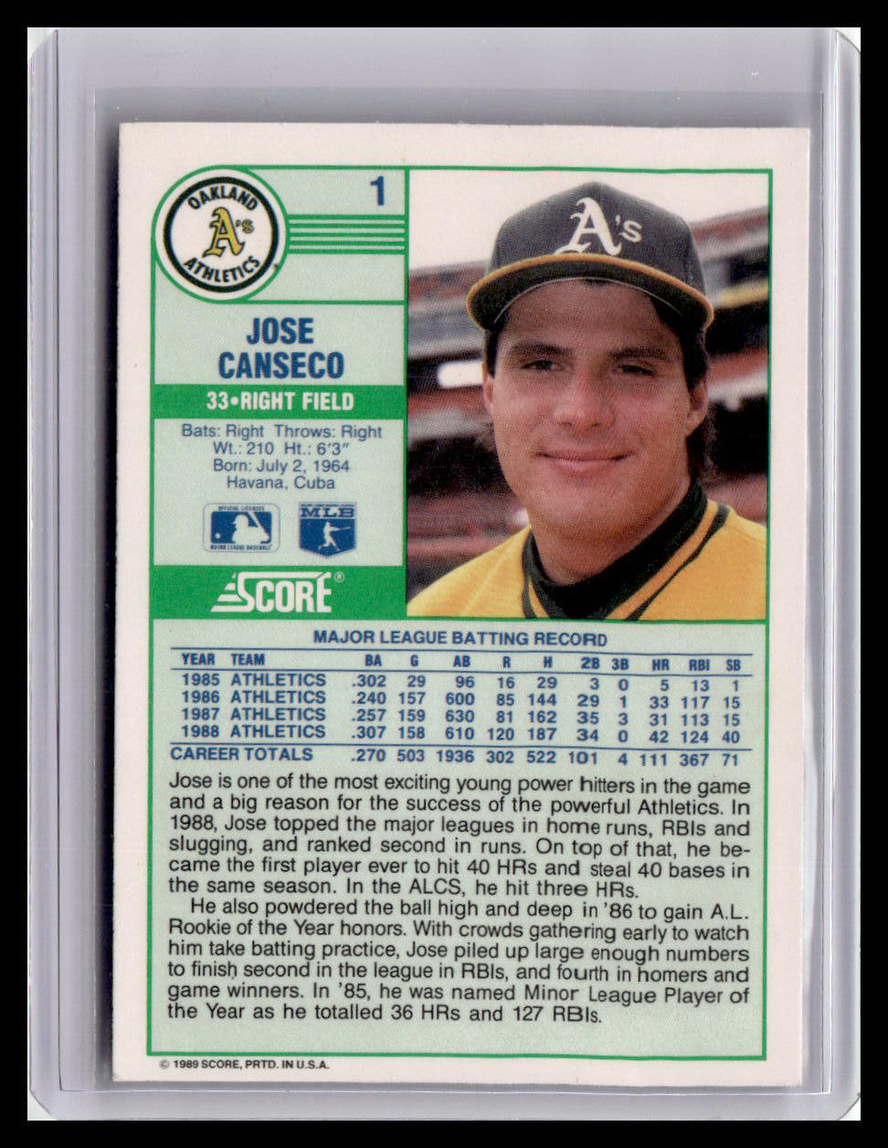 Baseball trading card of Jose Canseco with team logo and player information.