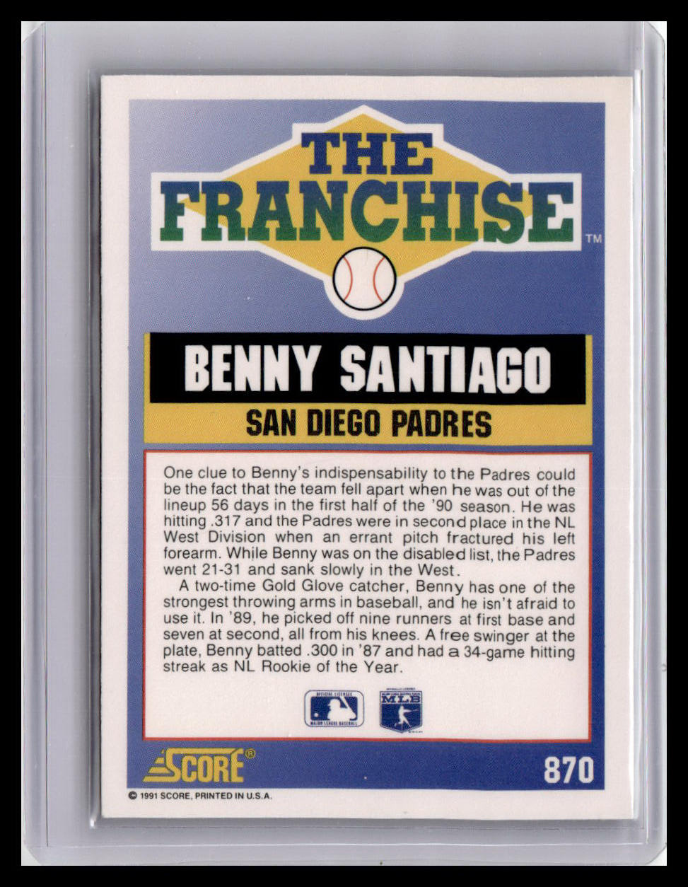 Baseball trading card featuring Benny Santiago of the San Diego Padres
