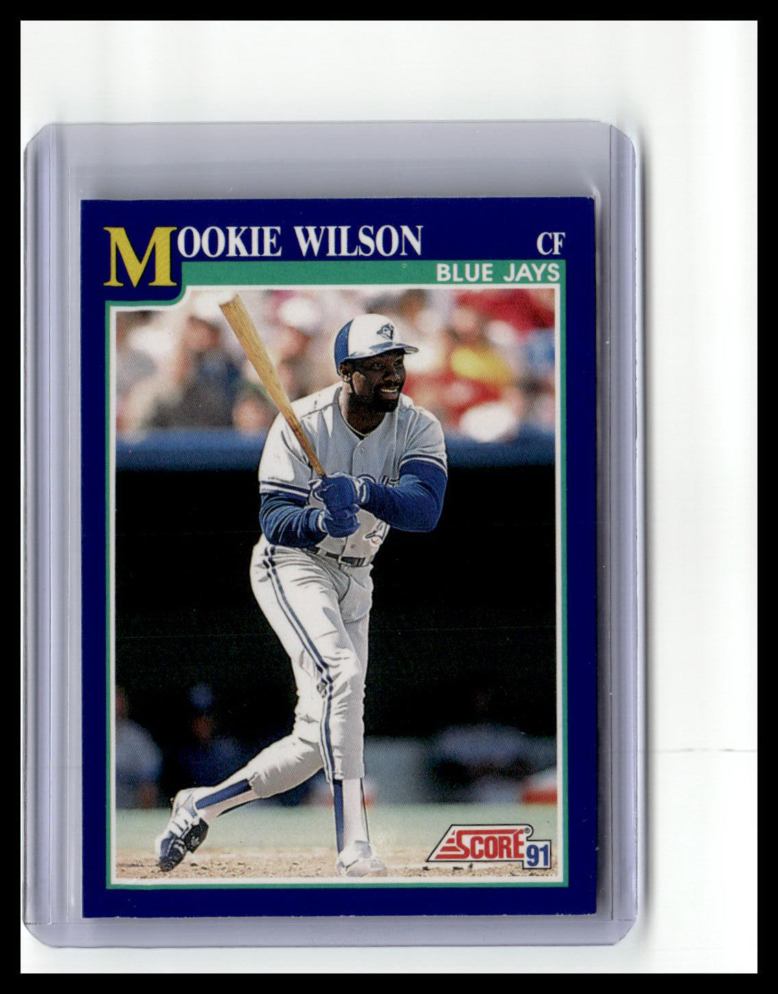 Baseball trading card of Mookie Wilson with Blue Jays logo