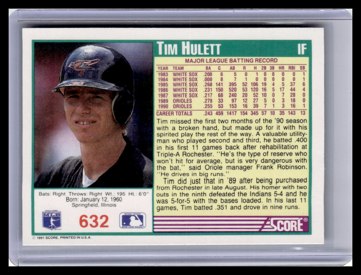 1991 Score Tim Hulett Teal Border #632