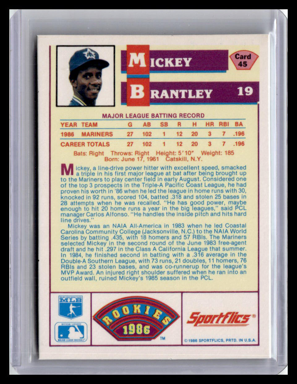 1986 Sportflics Rookies Mickey Brantley #45 Seattle Mariners