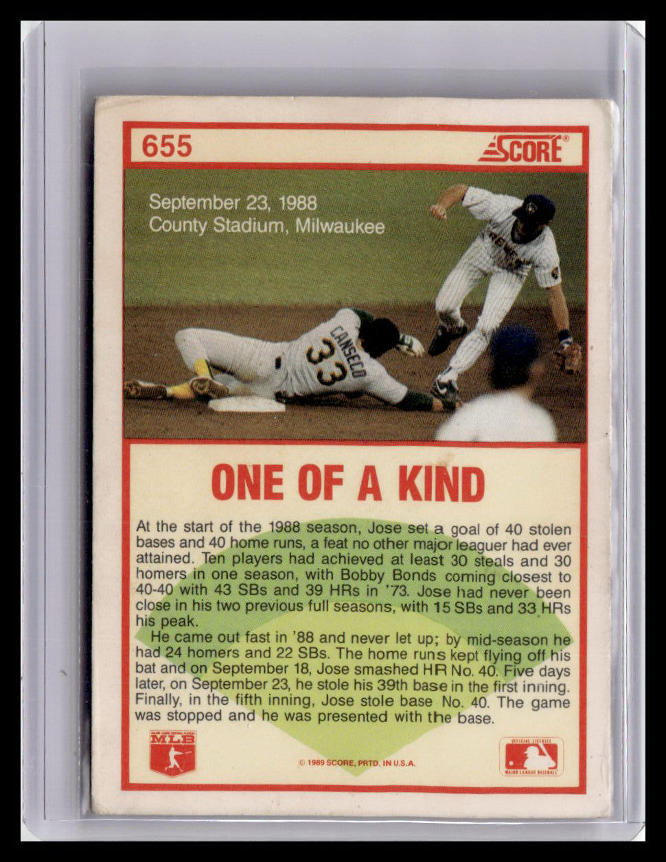 Baseball trading card with player action scene and text details
