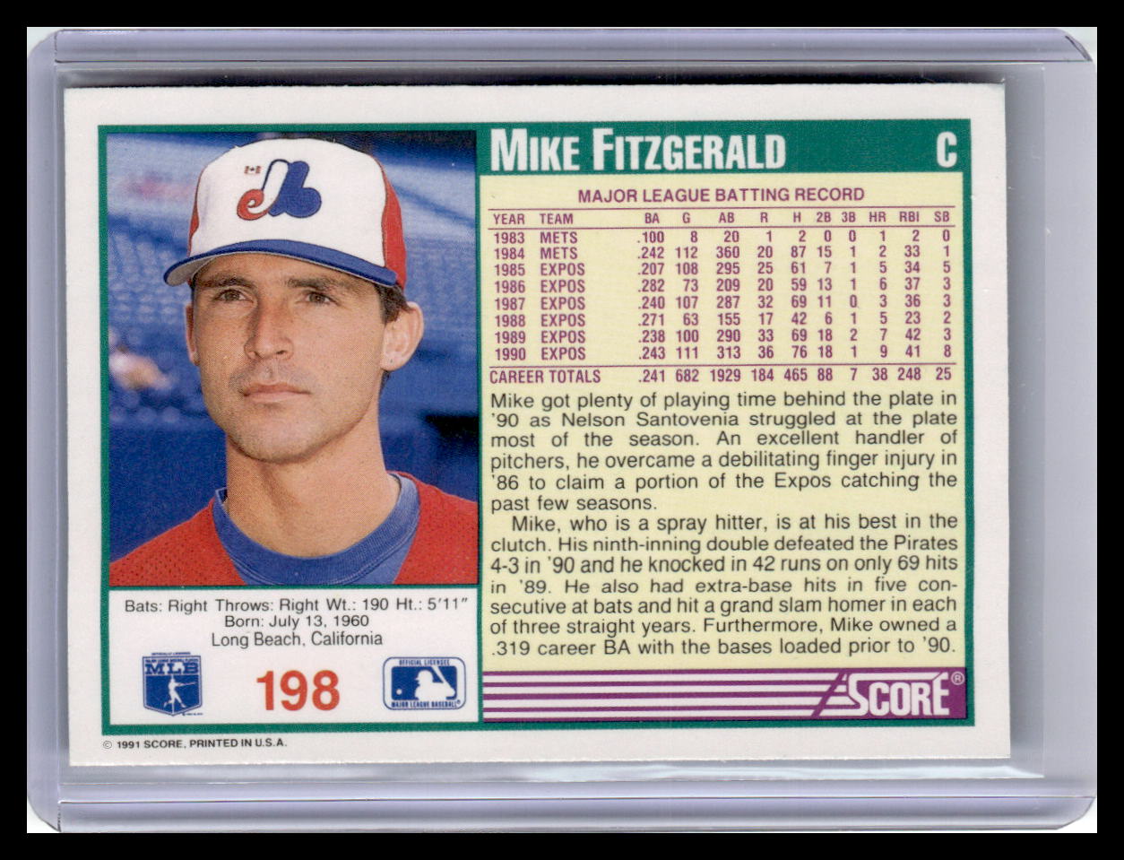 1991 Score Mike Fitzgerald Teal Border #198