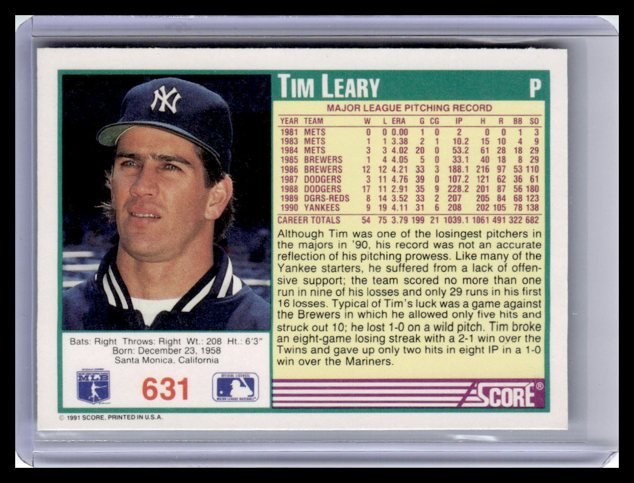 1991 Score Tim Leary Teal Border #631