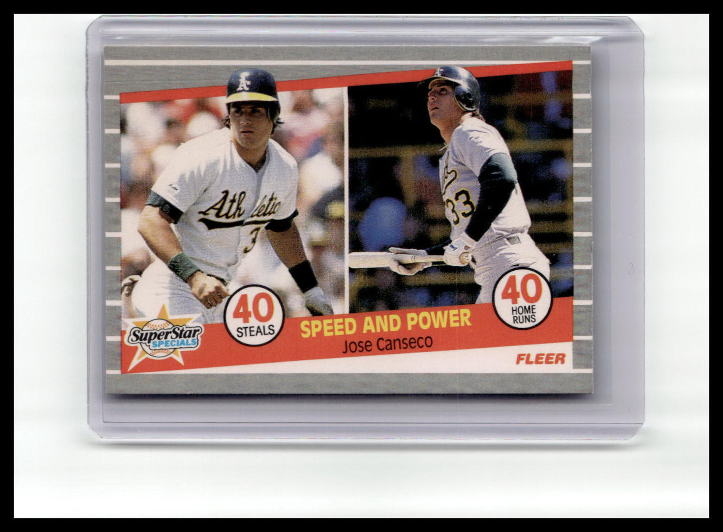 Baseball trading card featuring Jose Canseco with 'Speed and Power' description on a white background