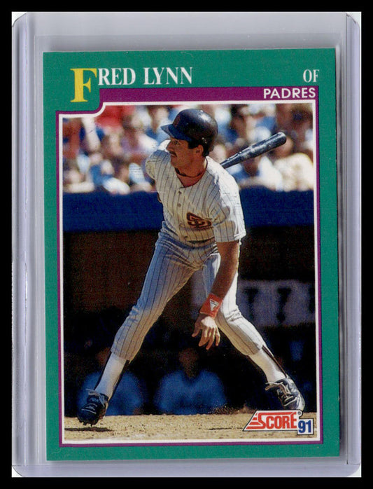 Baseball trading card of Fred Lynn with a green border and 'Score' logo.