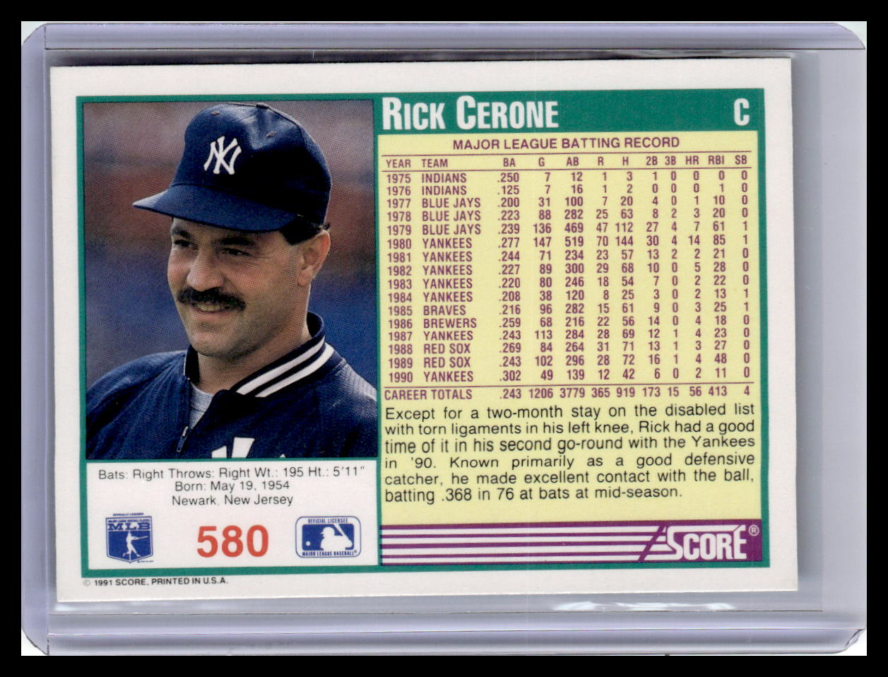 Baseball trading card of Rick Cerone with player information and statistics.