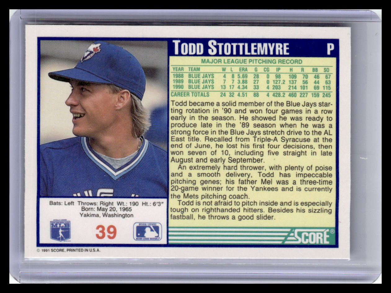 1991 Score Todd Stottlemyre Blue Border #39