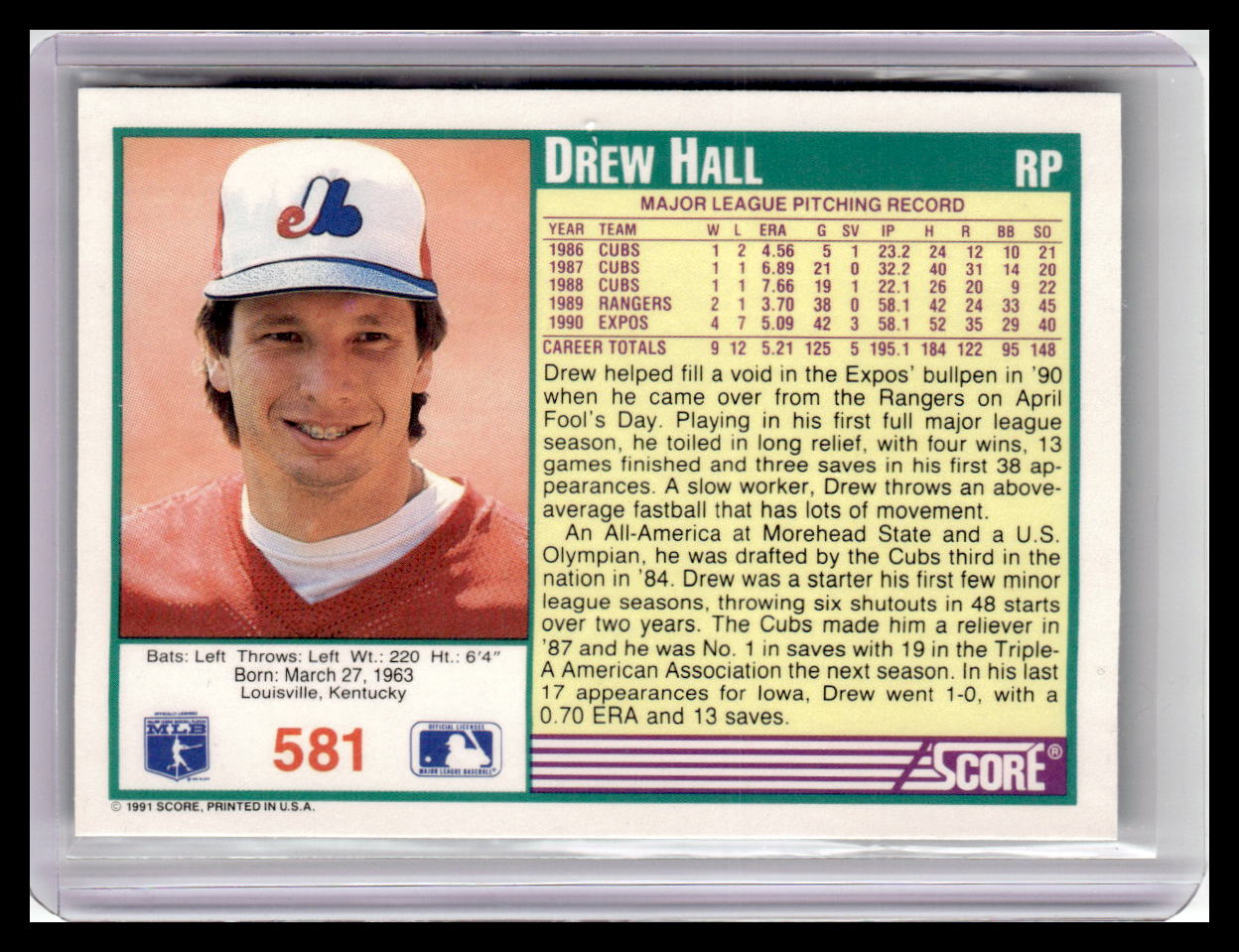 1991 Score Drew Hall Teal Border #581