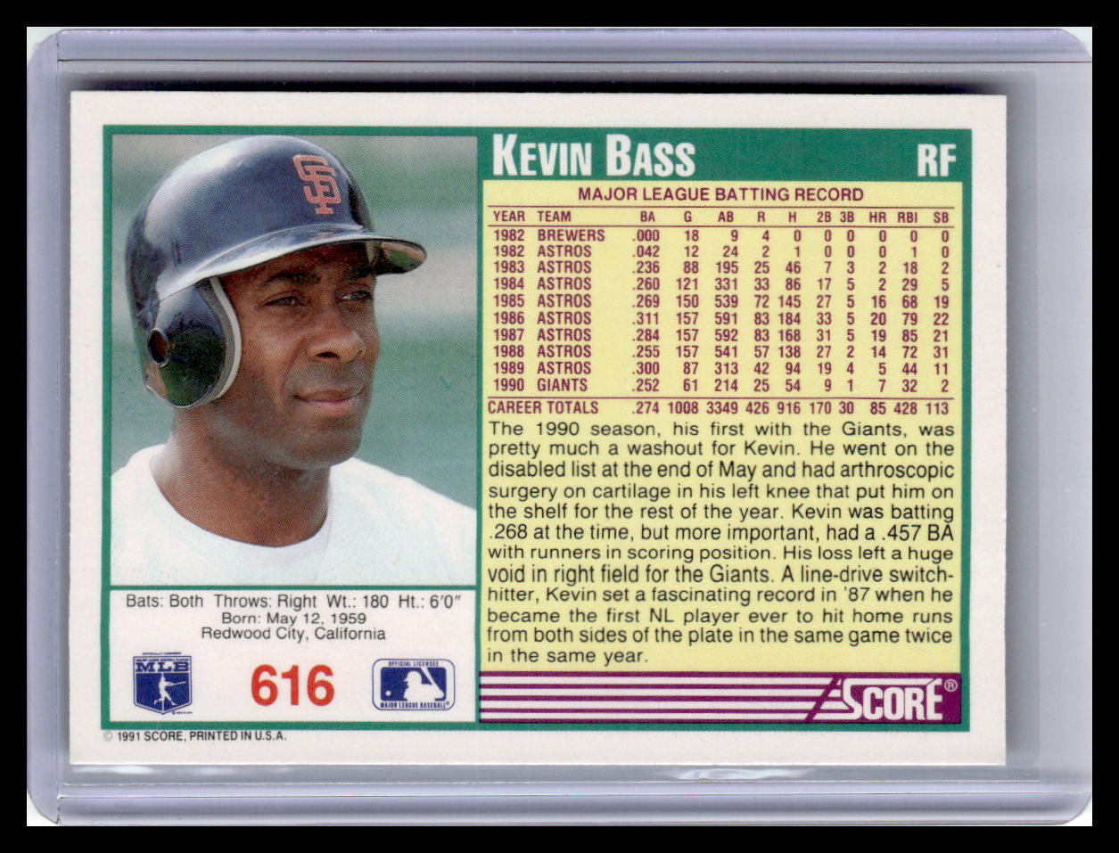 1991 Score Kevin Bass Teal Border #616