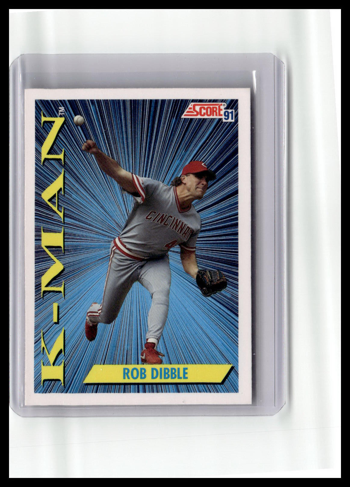 Baseball trading card of Rob Dibble in a protective case