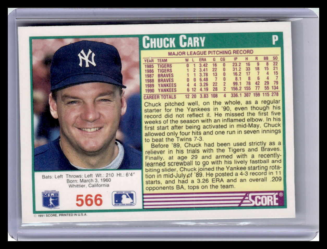 1991 Score Chuck Cary Teal Border #566