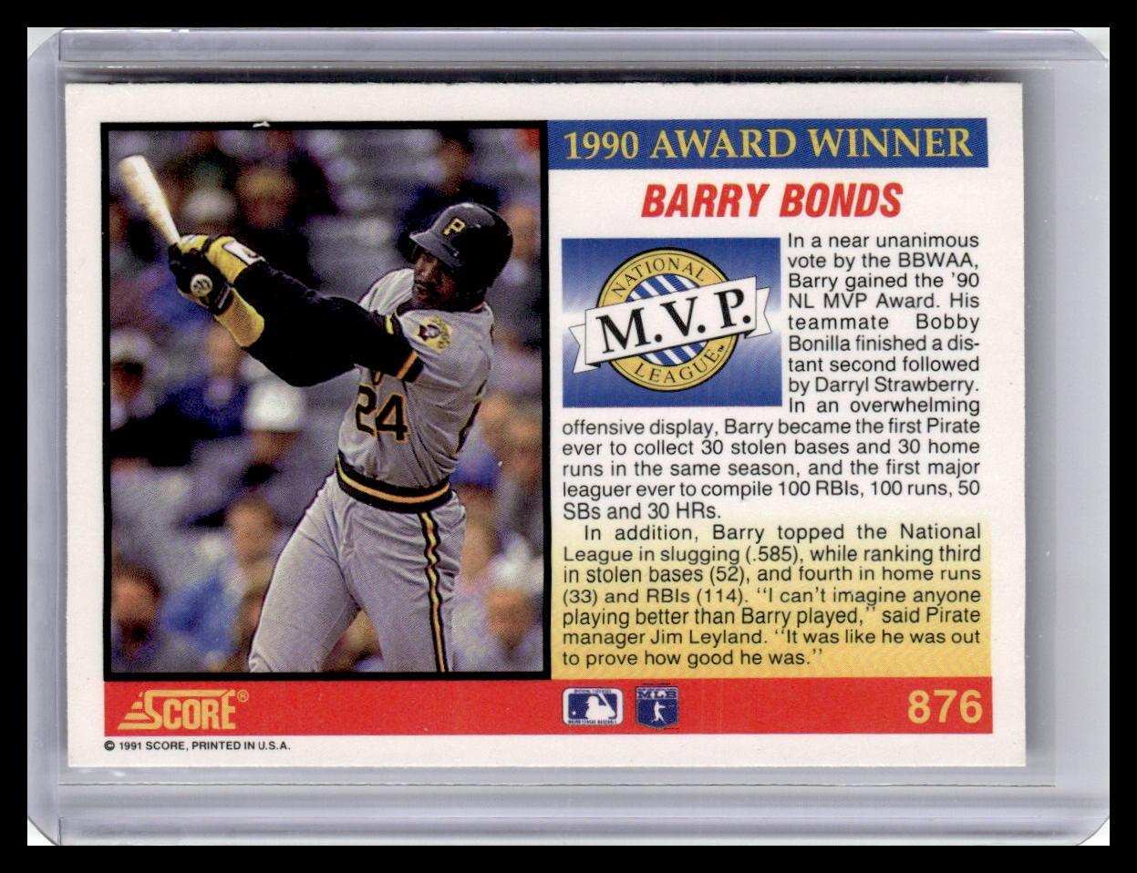 1991 Score Barry Bonds N.L MVP #879