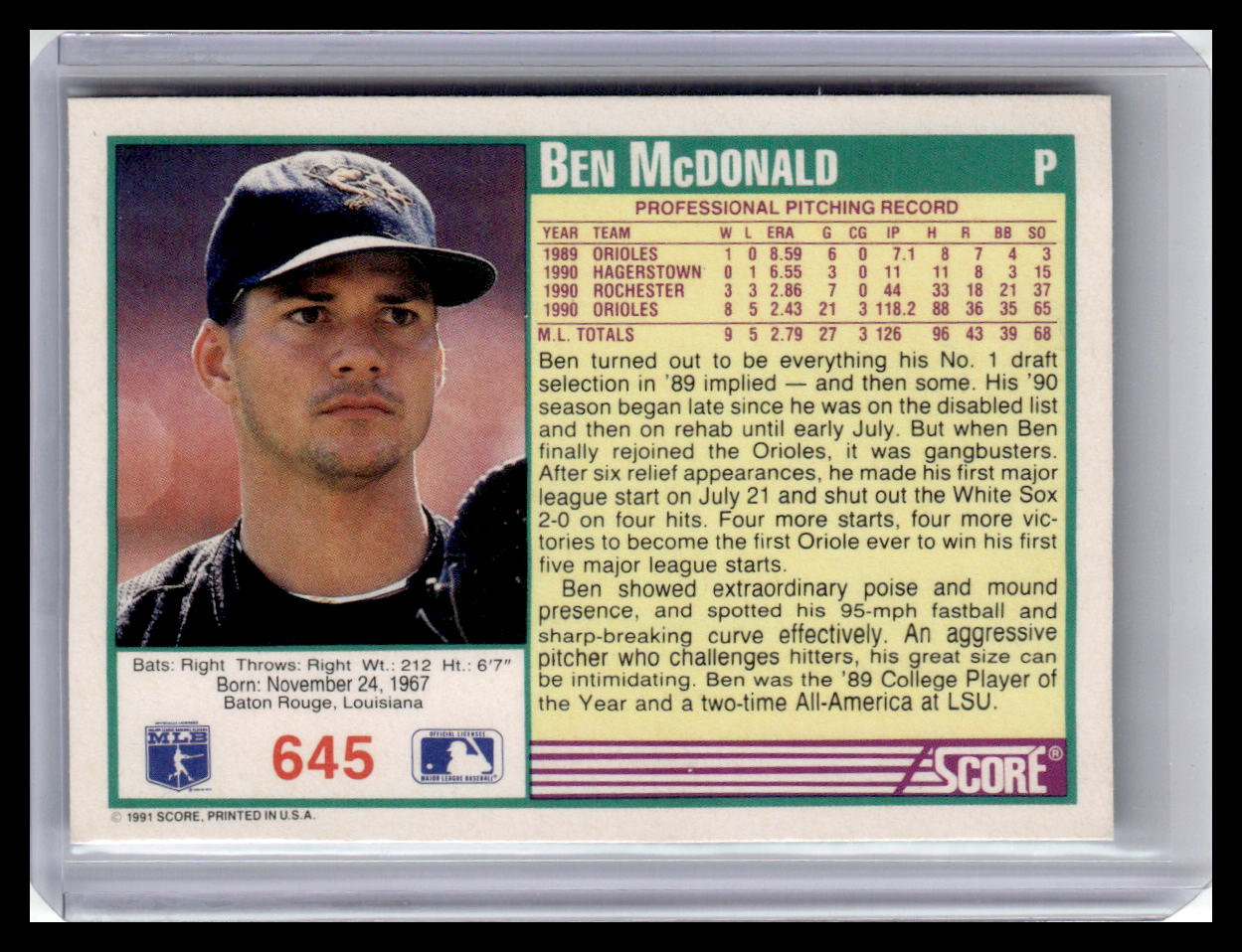 1991 Score Ben McDonald Teal Border #645