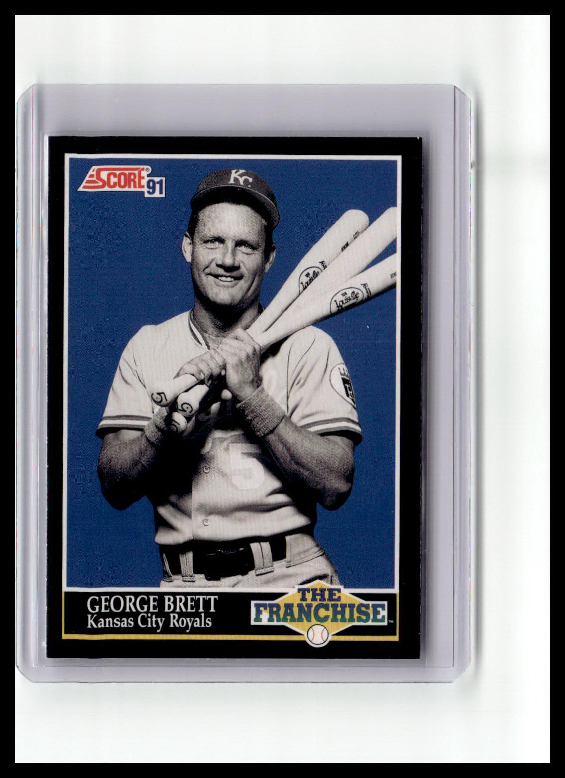 Baseball trading card of George Brett holding a bat, framed by a blue border with Score logo.