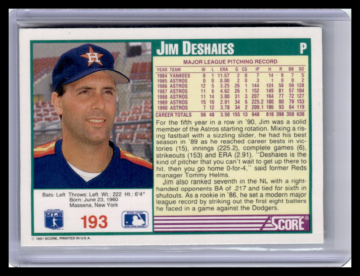 1991 Score Jim Deshaies Teal Border #193