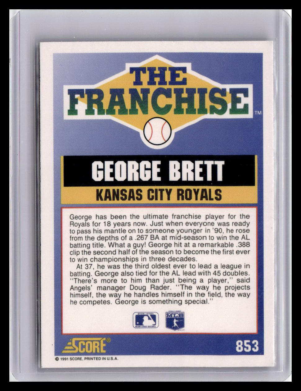 Baseball trading card featuring George Brett of the Kansas City Royals from the 'The Franchise' series.