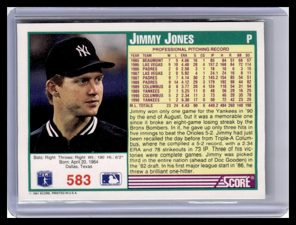 1991 Score Jimmy Jones Teal Border #583