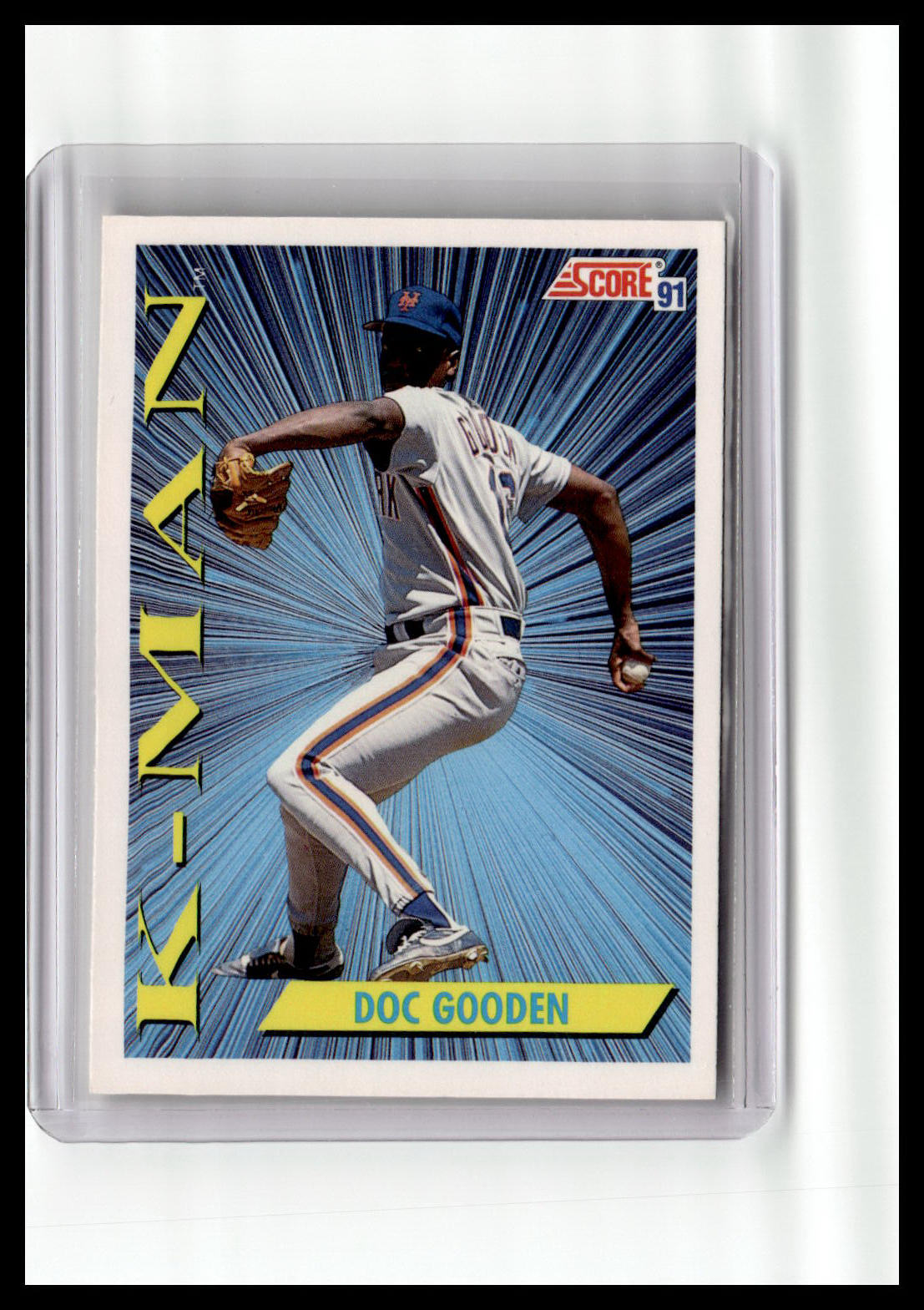 Baseball trading card of a player in a white uniform with a blue background