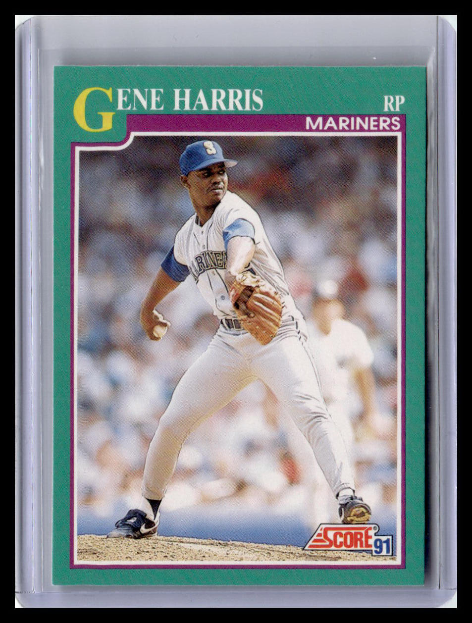 Baseball trading card of Gene Harris with a green border and 'Score' logo.